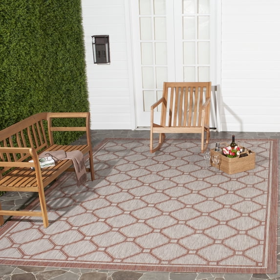 SAFAVIEH Courtyard Maksim Geometric Bordered Indoor/Outdoor Area Rug, 8' x 11', Red/Beige