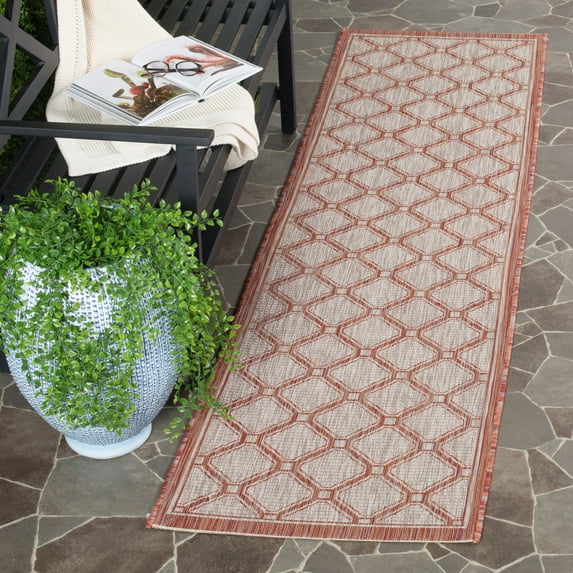 SAFAVIEH Courtyard Maksim Geometric Bordered Indoor/Outdoor Runner, 2'3" x 12', Red/Beige