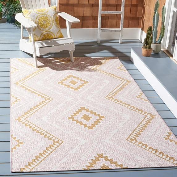SAFAVIEH Courtyard Mervyn Botanical Indoor/Outdoor Area Rug, Pink/Gold, 5'5" x 7'7"