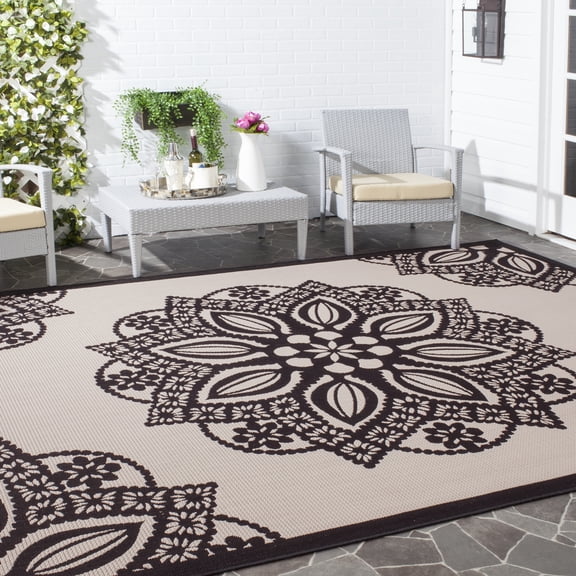 Safavieh Courtyard Millicent Medallion Indoor/Outdoor Area Rug, Beige/Black, 6'7" x 6'7" Square