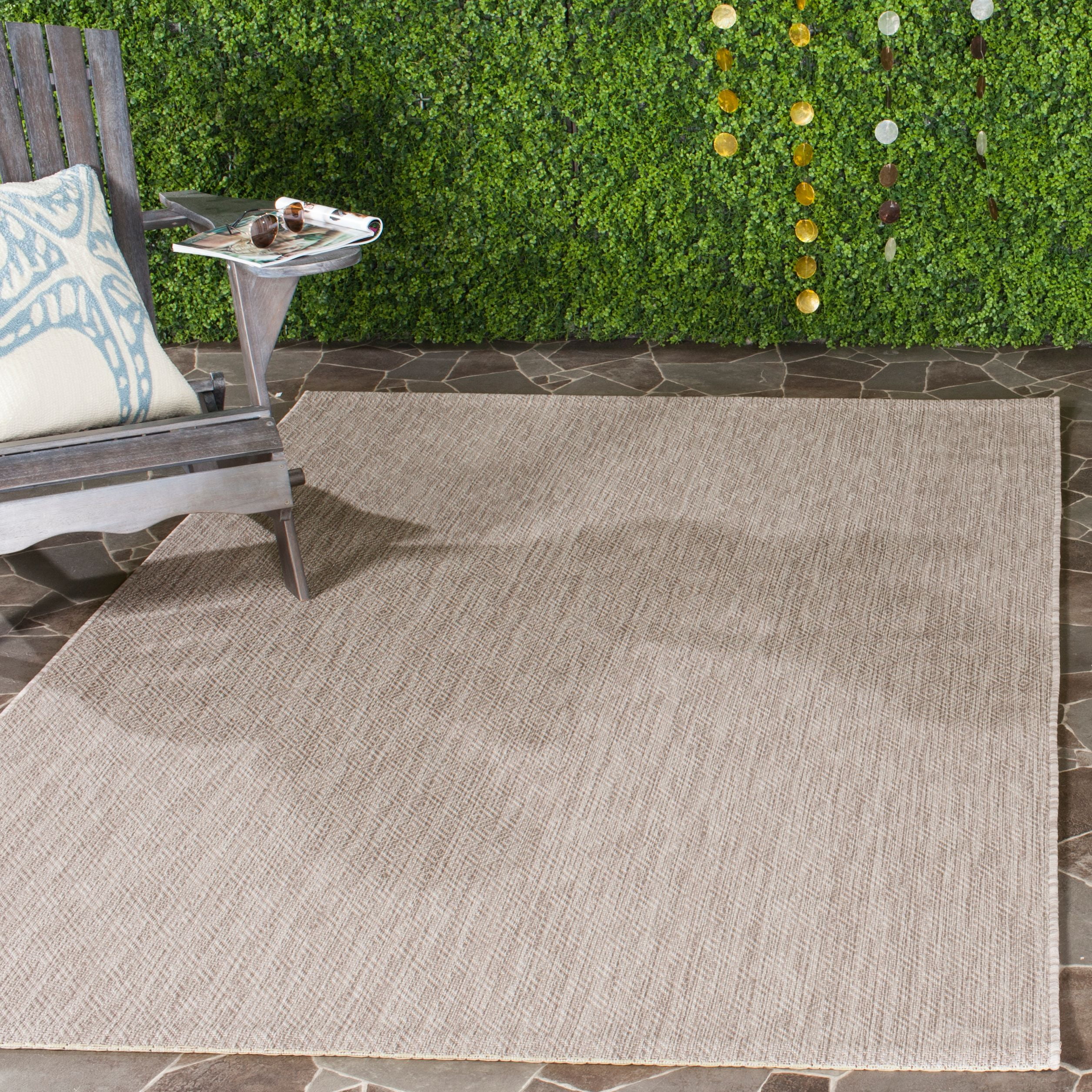 Beige 5'3" Square Flat Woven Reversible Outdoor Area Rug