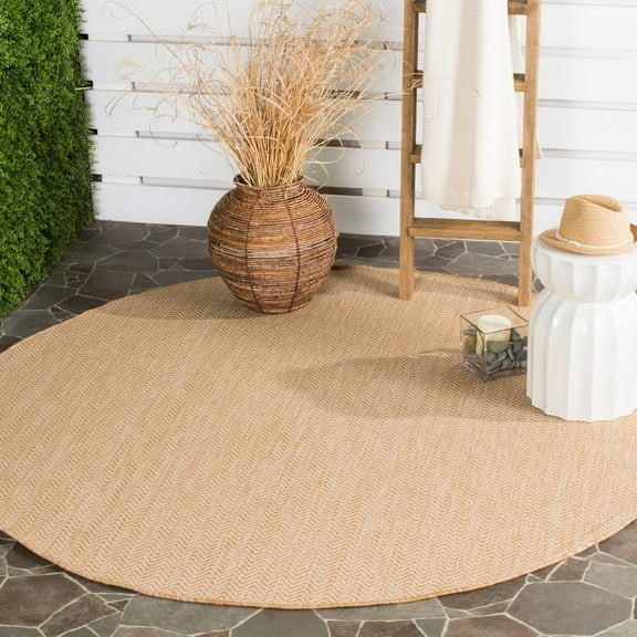 SAFAVIEH Courtyard Morven Chevron Stripes Indoor/Outdoor Area Rug, 6'7" x 6'7" Round, Natural/Cream