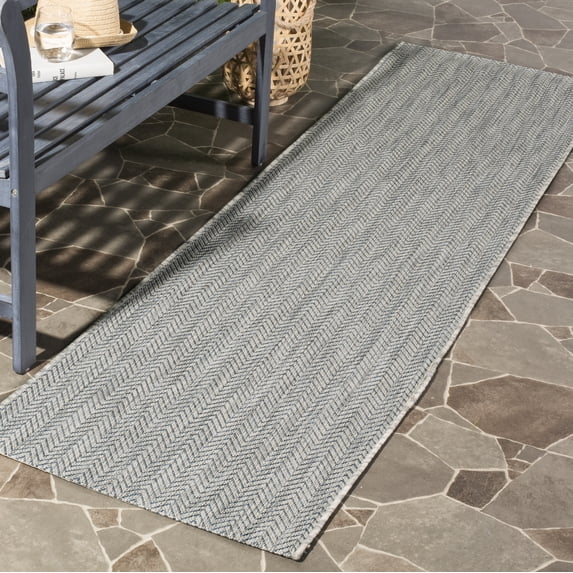 SAFAVIEH Courtyard Morven Chevron Stripes Indoor/Outdoor Runner, 2'3" x 14', Grey/Navy
