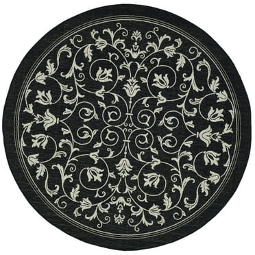 SAFAVIEH Courtyard Nanda Botanical Indoor/Outdoor Area Rug, Black/Sand, 4' x 4' Round