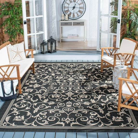 Safavieh Courtyard Nanda Botanical Indoor/Outdoor Area Rug, Black/Sand, 8' x 11'