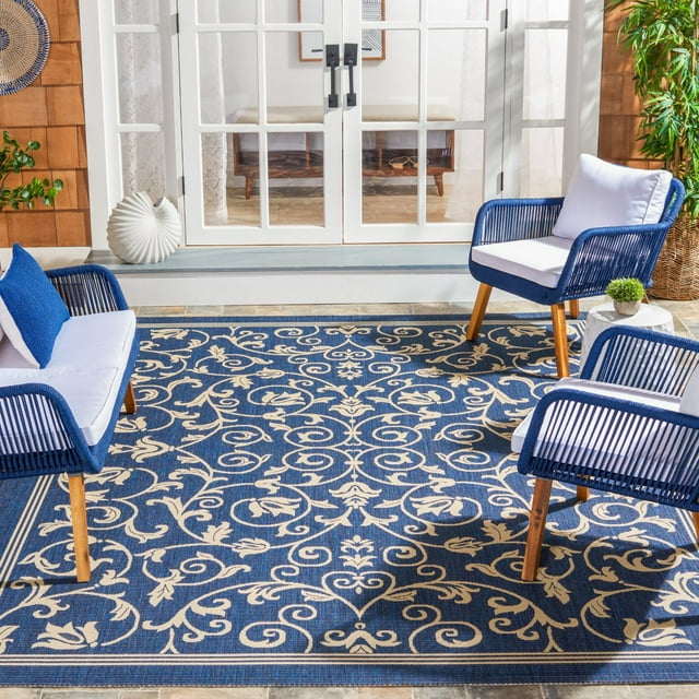 SAFAVIEH Courtyard Nanda Botanical Indoor/Outdoor Area Rug, Navy/Beige, 5'3" x 5'3" Square