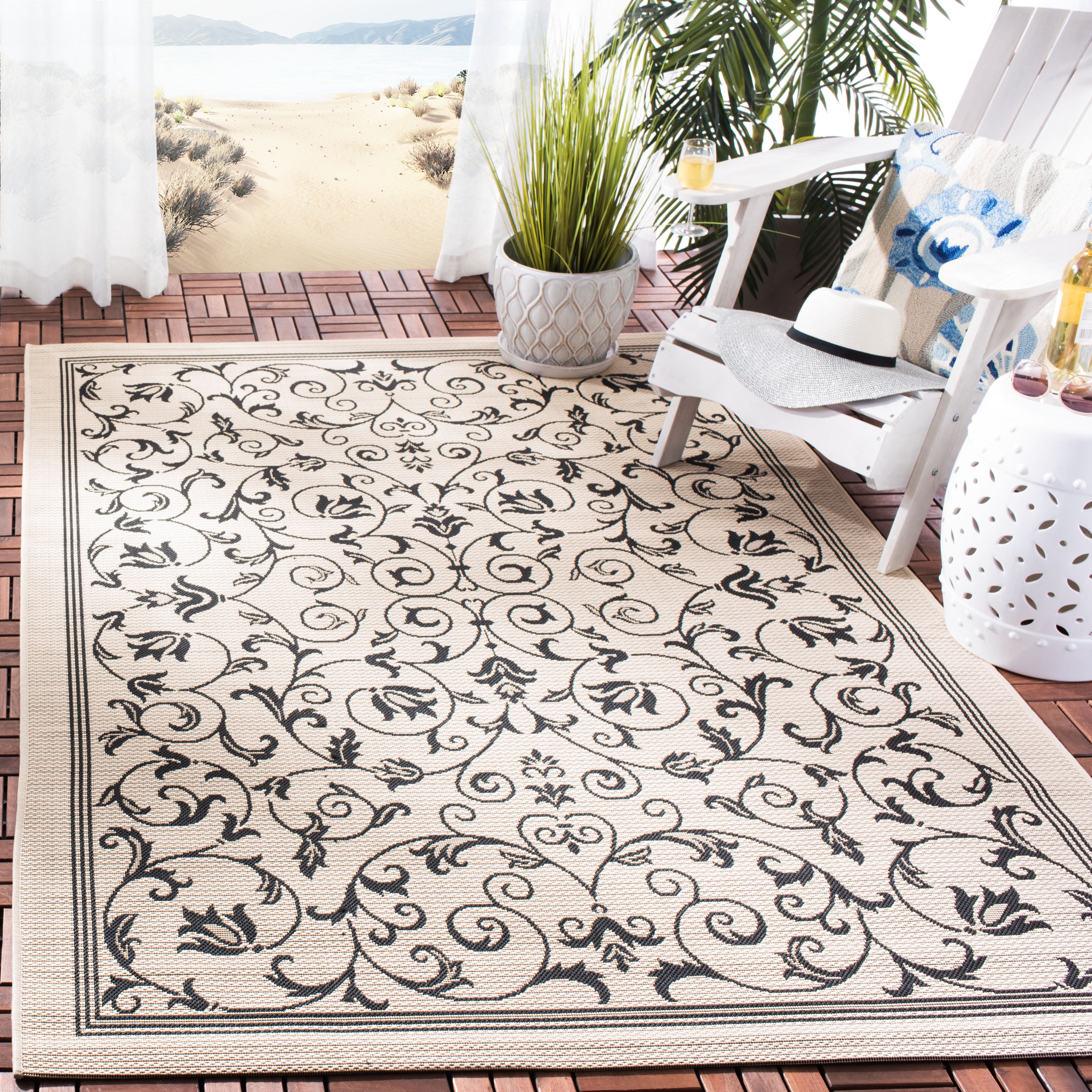 Gd Nanda Rug Safavieh Courtyard Nanda Botanical Indoor/Outdoor Area Rug, Sand/Black ...