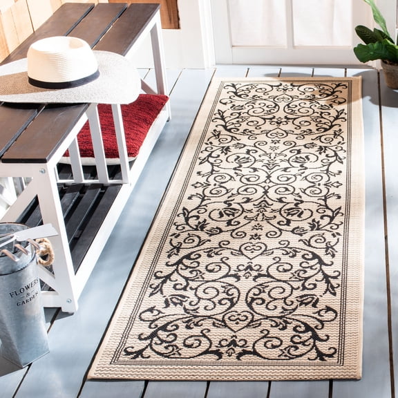 Safavieh Courtyard Nanda Botanical Indoor/Outdoor Runner Rug, Sand/Black, 2'3" x 8'