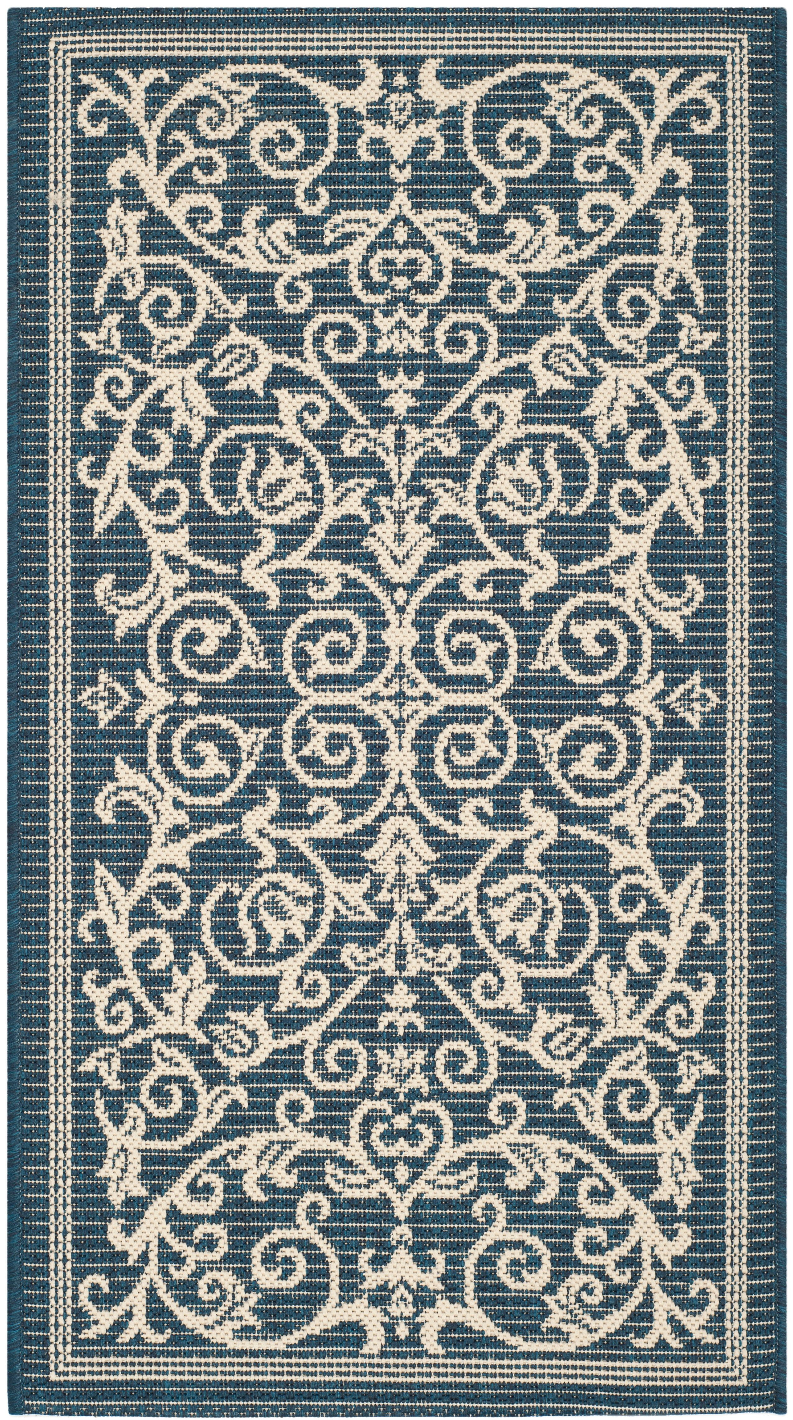 Navy and Beige Rectangular Synthetic Indoor/Outdoor Rug
