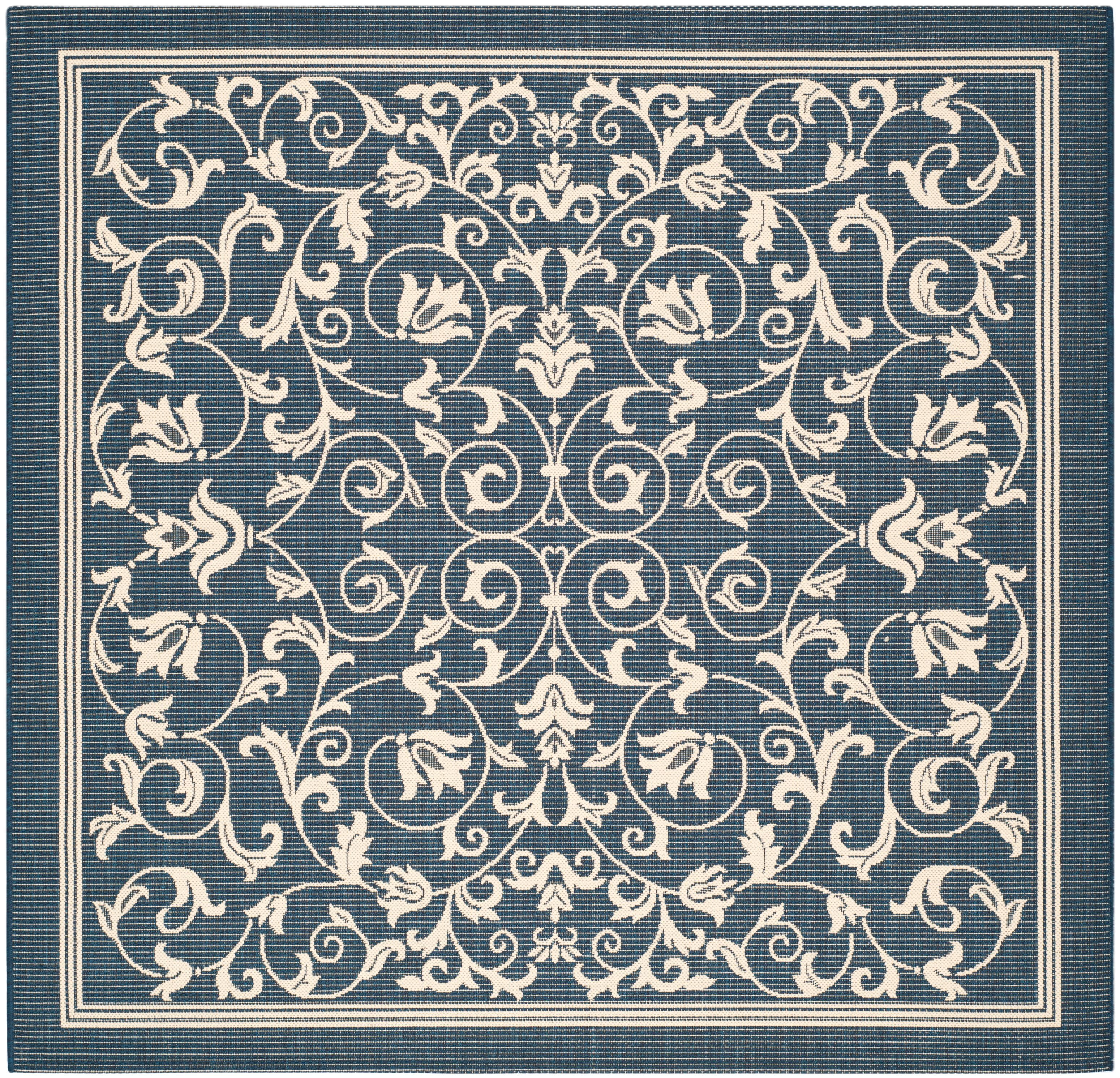 Navy and Beige Synthetic Square Easy-Care Outdoor Rug, 6'7" x 6'7"
