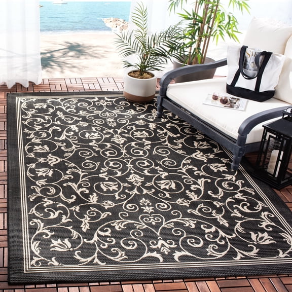 Safavieh Courtyard Nanda Botanical Indoor/Outdoor Area Rug, Black/Sand, 6'7" x 9'6"