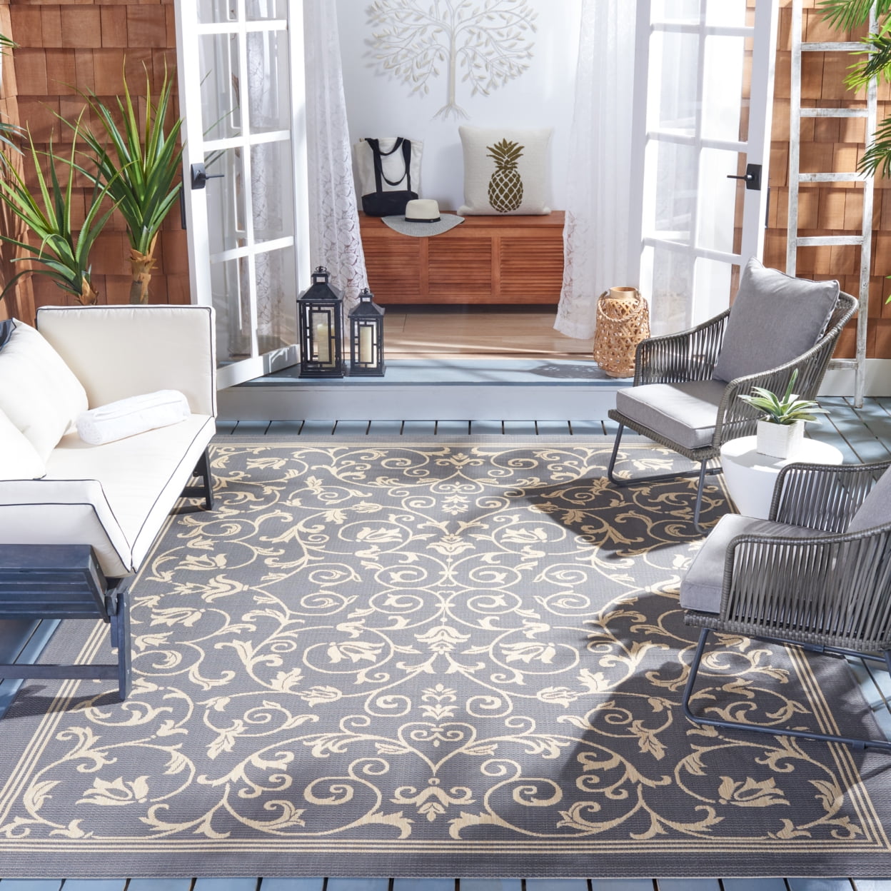 Grey and Natural Square Synthetic Indoor/Outdoor Area Rug