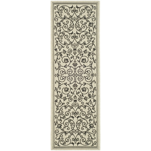 SAFAVIEH Courtyard Nanda Floral Indoor/Outdoor Runner Rug, 2'3" x 10', Sand/Black