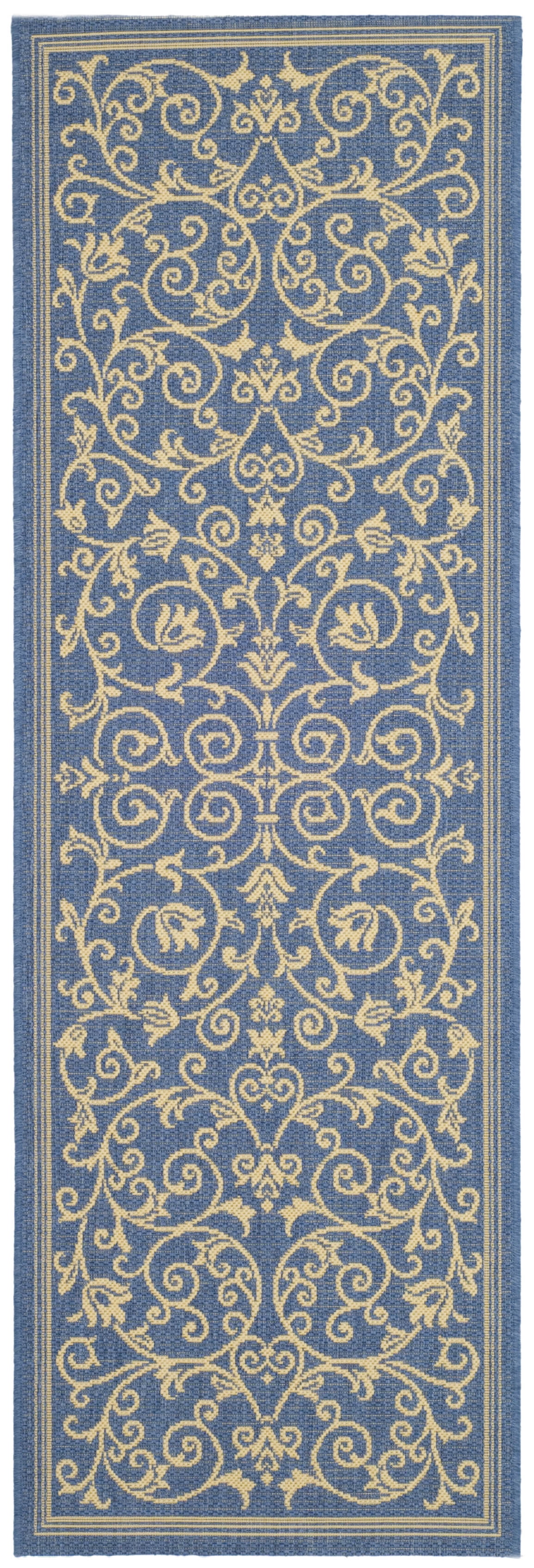 Blue Floral Synthetic Outdoor Runner Rug with Baroque Print
