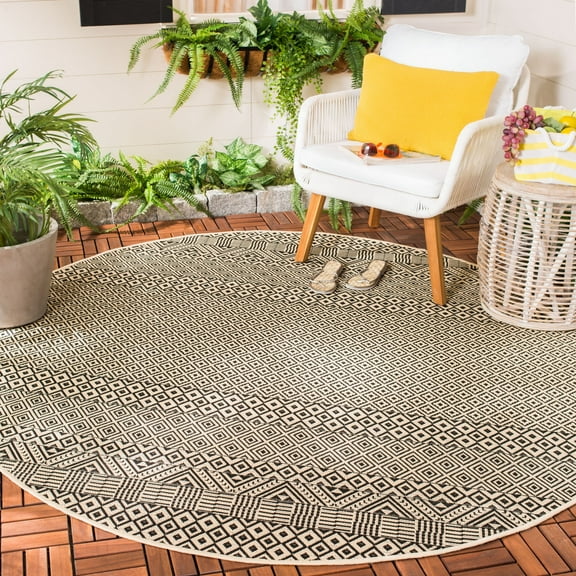 SAFAVIEH Courtyard Naomi Aztec Indoor/Outdoor Area Rug, 5'3" x 5'3" Round, Beige/Black