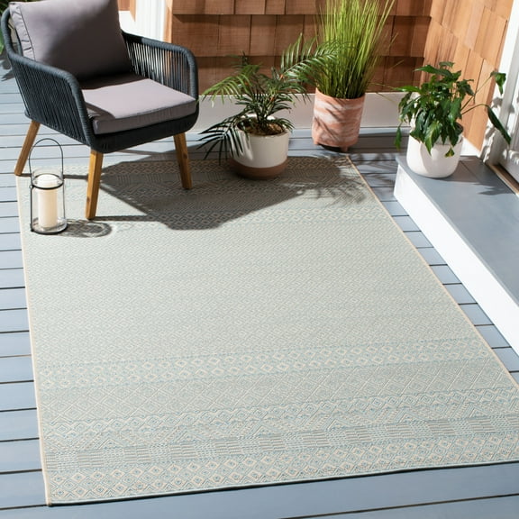 SAFAVIEH Courtyard Naomi Geometric Indoor/Outdoor Area Rug, Beige/Aqua, 2'7" x 5'