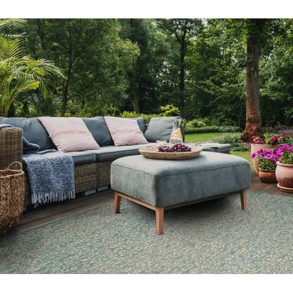 SAFAVIEH Courtyard Neofit Animal Indoor/Outdoor Area Rug, Aqua/Grey, 5'3" x 7'7"
