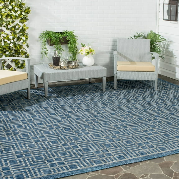 SAFAVIEH Courtyard Neville Geometric Indoor/Outdoor Area Rug, Navy/Grey, 6'7" x 6'7" Square