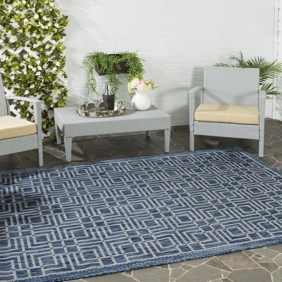 SAFAVIEH Courtyard Neville Geometric Tiles Indoor/Outdoor Area Rug, 4' x 5'7", Navy/Grey