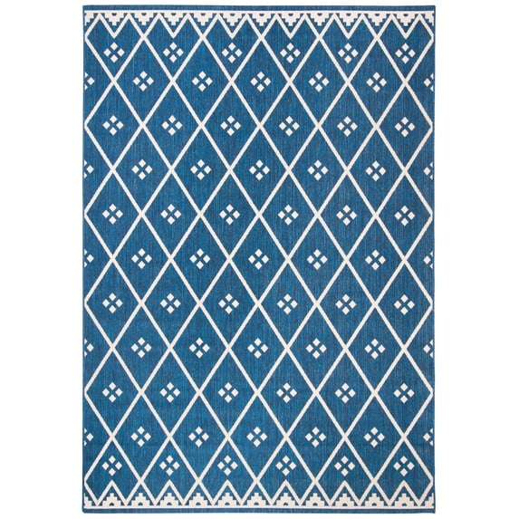 SAFAVIEH Courtyard Neville Geometric Trellis Indoor/Outdoor Area Rug, 6'7" x 9'6", Navy/Light Beige