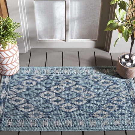 SAFAVIEH Courtyard Nicholas Geometric Diamonds Indoor/Outdoor Area Rug, 2'7" x 5', Navy/Aqua