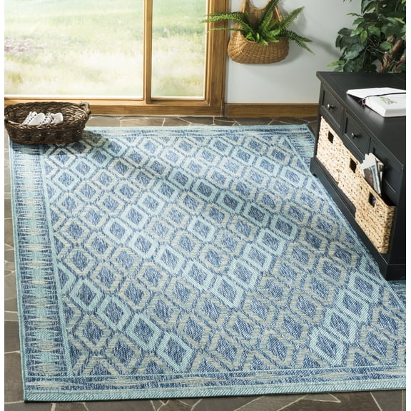 SAFAVIEH Courtyard Nicholas Geometric Diamonds Indoor/Outdoor Area Rug, 5'3" x 7'7", Navy/Aqua