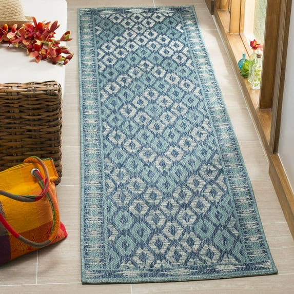 SAFAVIEH Courtyard Nicholas Geometric Diamonds Indoor/Outdoor Runner, 2'3" x 10', Navy/Aqua