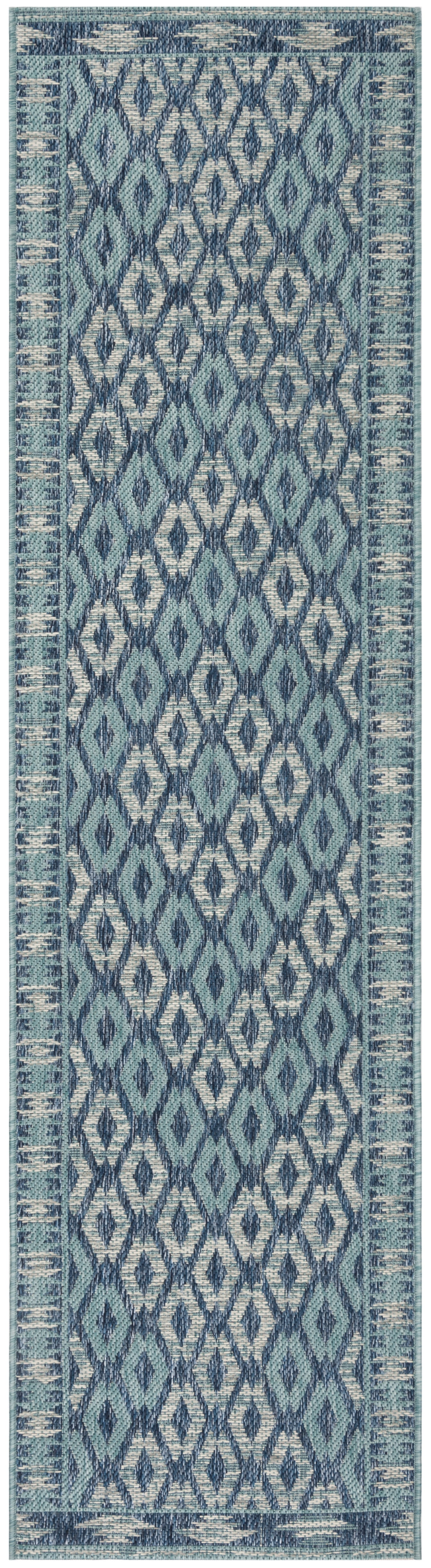 SAFAVIEH Courtyard Nicholas Geometric Diamonds Indoor/Outdoor Runner, 2'3" x 10', Navy/Aqua