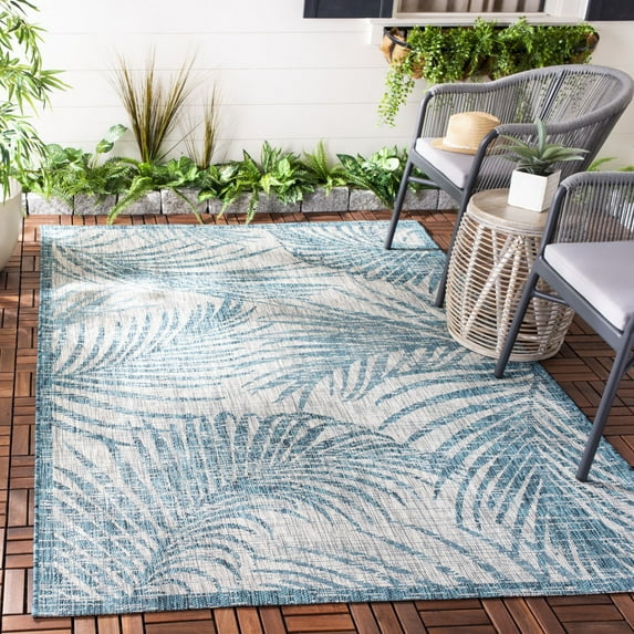 SAFAVIEH Courtyard Nick Floral Indoor/Outdoor Area Rug, 4' x 5'7", Grey/Aqua
