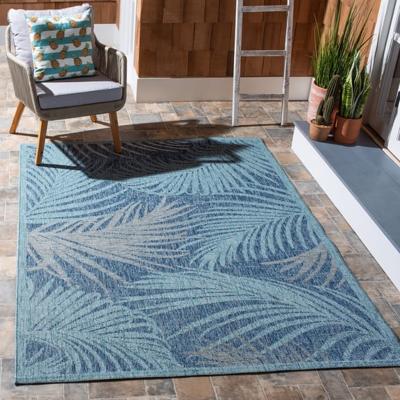 SAFAVIEH Courtyard Nick Floral Indoor/Outdoor Area Rug, Aqua/Navy, 8' x 10'