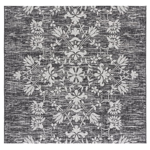 SAFAVIEH Courtyard Nina Floral Indoor/Outdoor Area Rug, Black/Light Grey, 6'7" x 6'7" Square