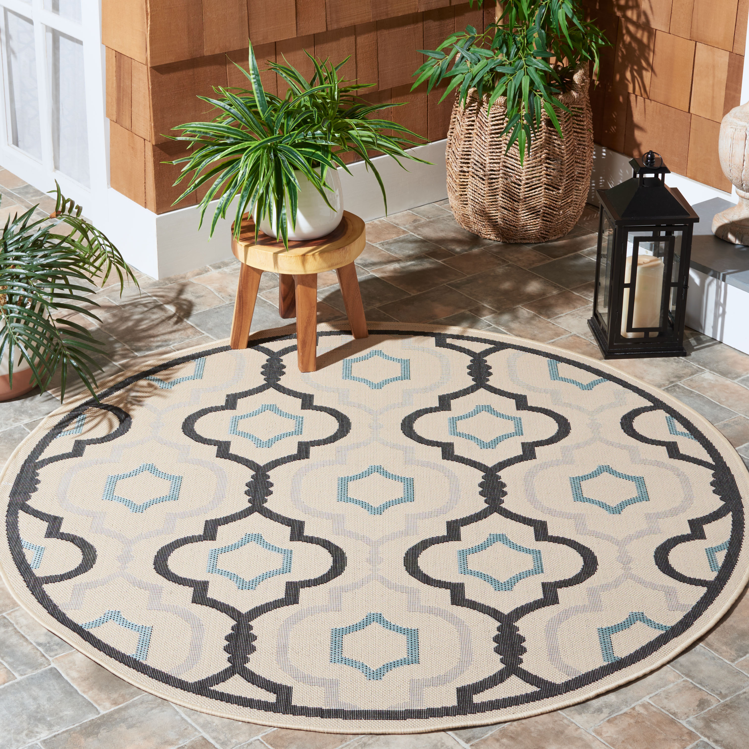 Safavieh Courtyard Bayon Geometric Indoor/Outdoor Area Rug, Ivory/Black, 7'10" x 7'10" Round