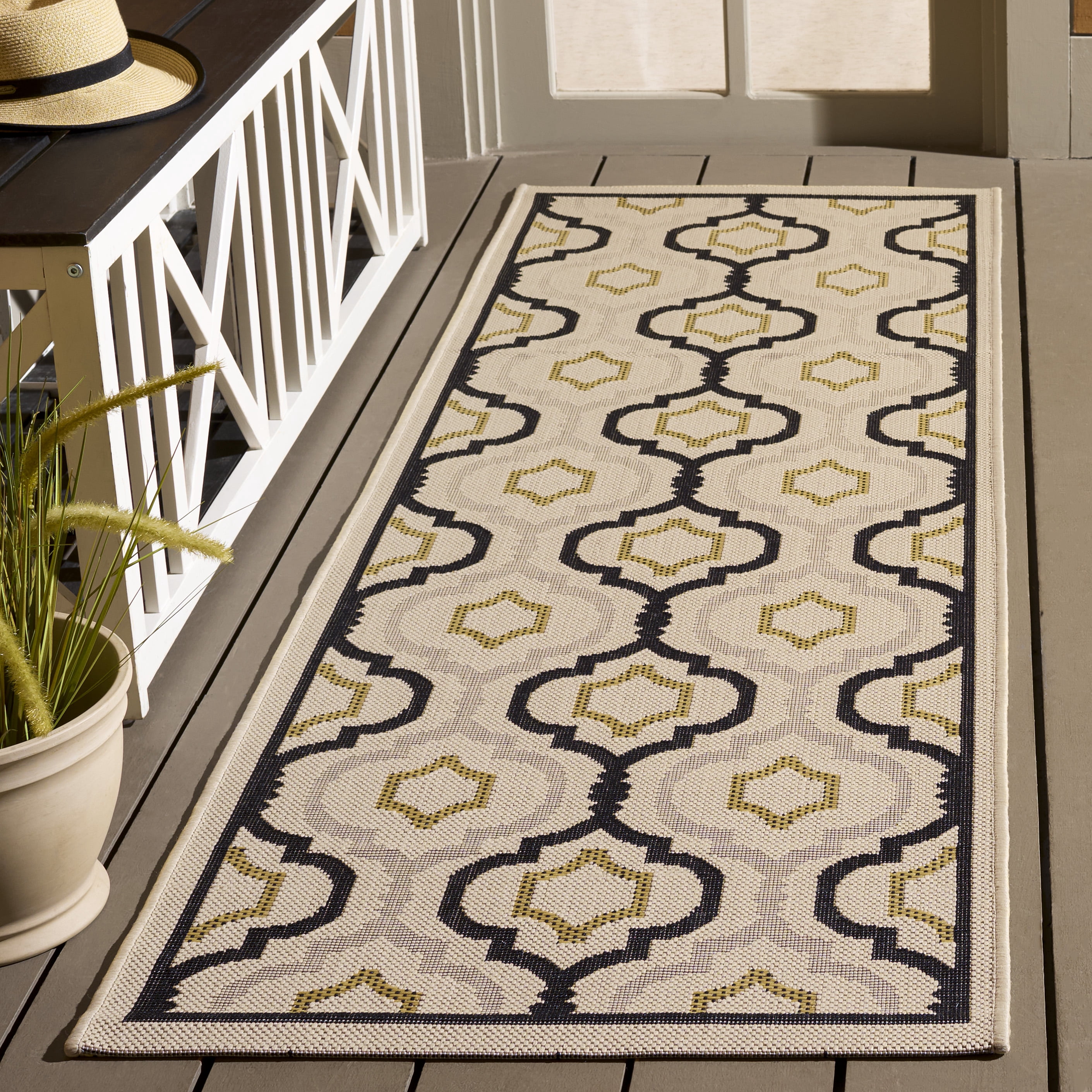 Safavieh Courtyard Bayon Geometric Indoor/Outdoor Runner Rug, Beige/Black, 2'3" x 12'