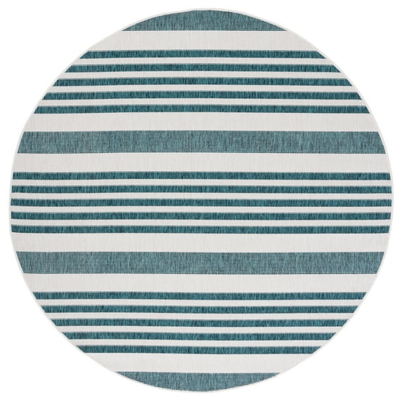 SAFAVIEH Courtyard Patrice Striped Indoor/Outdoor Area Rug, Ivory/Teal, 6'7" x 6'7" Round