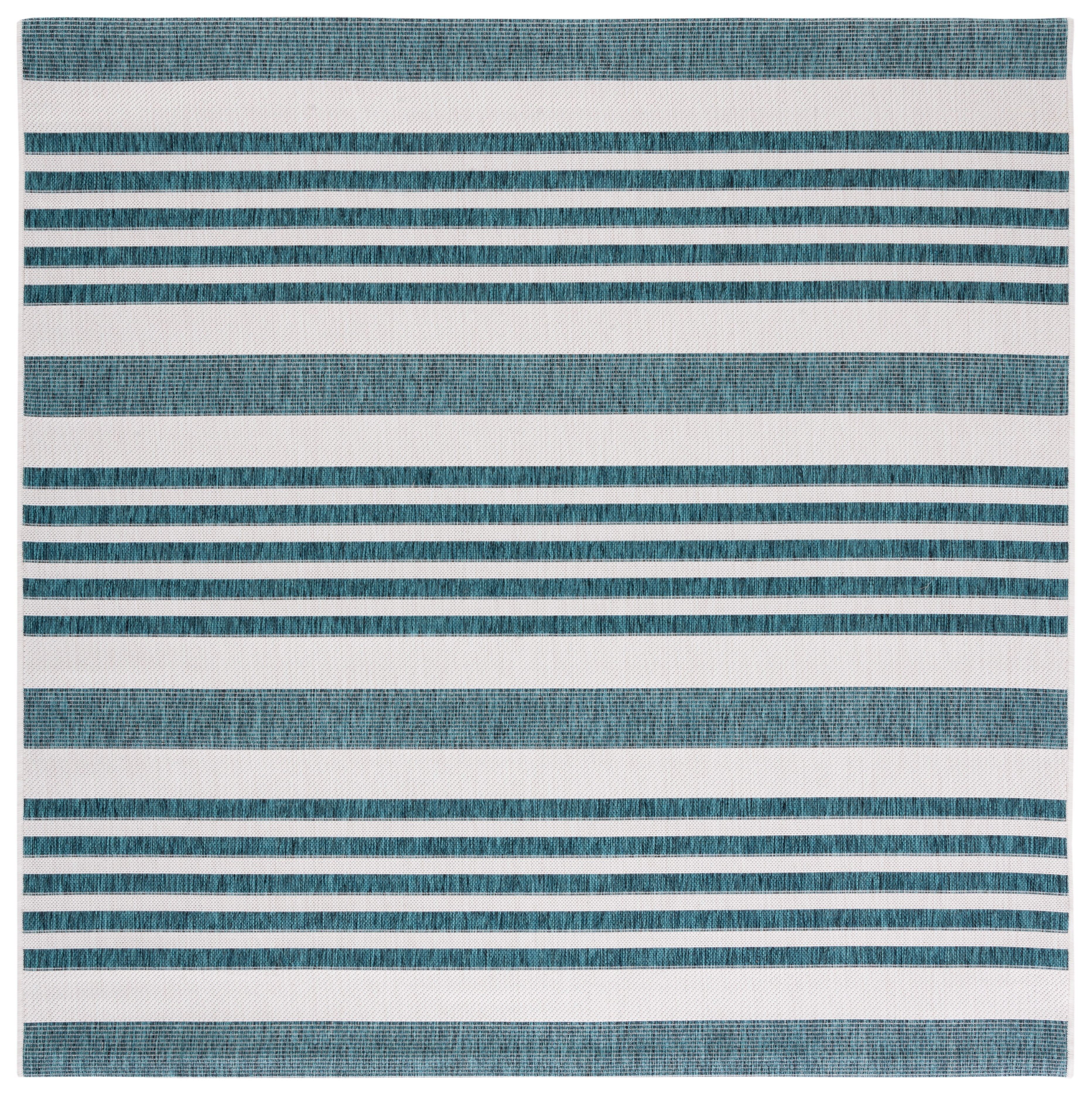 Ivory and Teal Striped Square Indoor/Outdoor Synthetic Rug