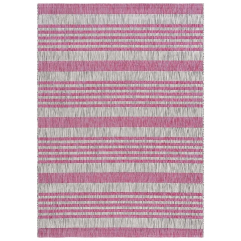 SAFAVIEH Courtyard Patrice Striped Indoor/Outdoor Area Rug, Light Grey/Fuchsia, 5'3" x 7'7"