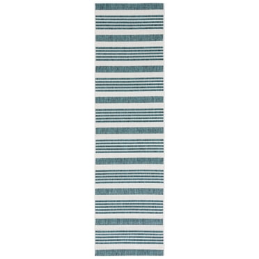 SAFAVIEH Courtyard Patrice Striped Indoor/Outdoor Runner Rug, Ivory/Teal, 2'3" x 8'