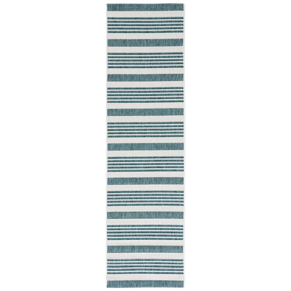 SAFAVIEH Courtyard Patrice Striped Indoor/Outdoor Runner Rug, Ivory/Teal, 2'3" x 8'