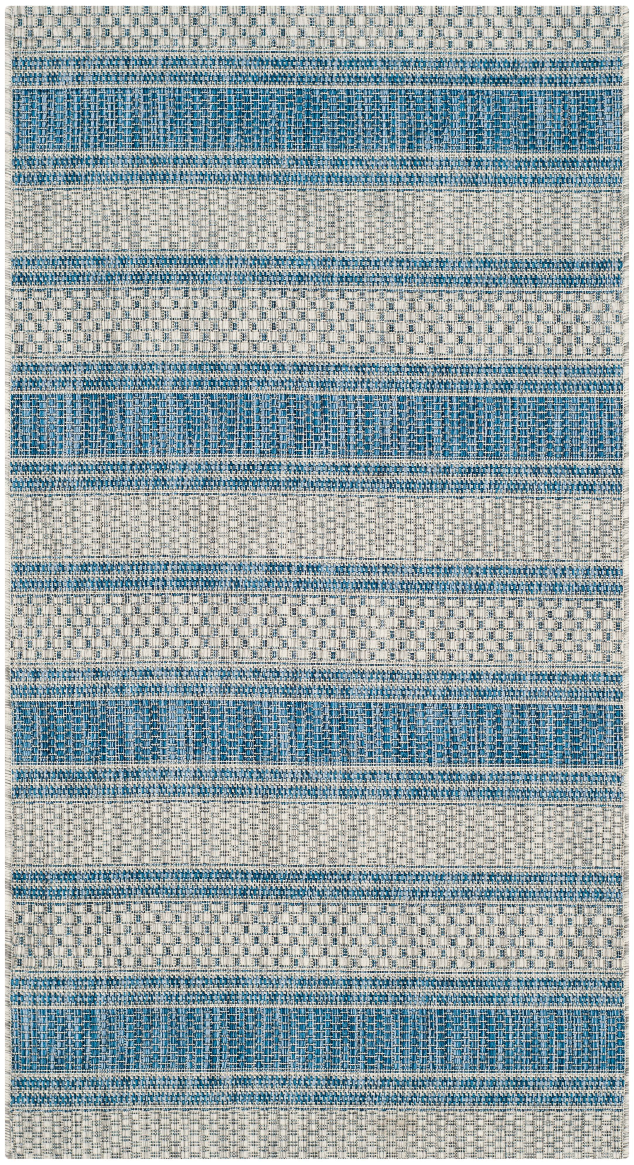 Gray and Blue Striped Synthetic Indoor/Outdoor Rug