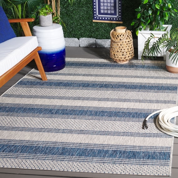 SAFAVIEH Courtyard Paul Striped Indoor/Outdoor Area Rug, Grey/Navy, 5'3" x 7'7"