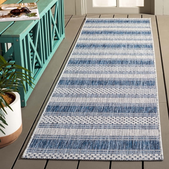SAFAVIEH Courtyard Paul Striped Indoor/Outdoor Runner, 2'3" x 12', Grey/Navy