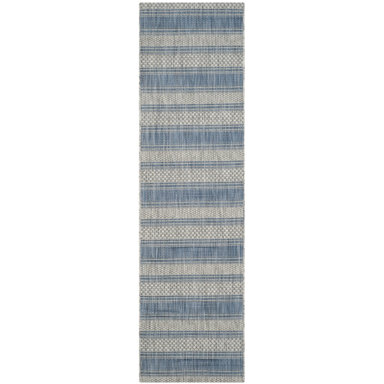 Gray and Navy Striped Synthetic Indoor/Outdoor Runner Rug, 2'3" x 12'