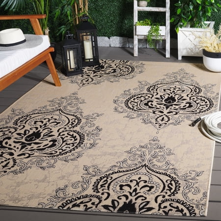 Safavieh Courtyard Penelope Damask Indoor/Outdoor Area Rug, Creme/Black, 4' x 5'7"