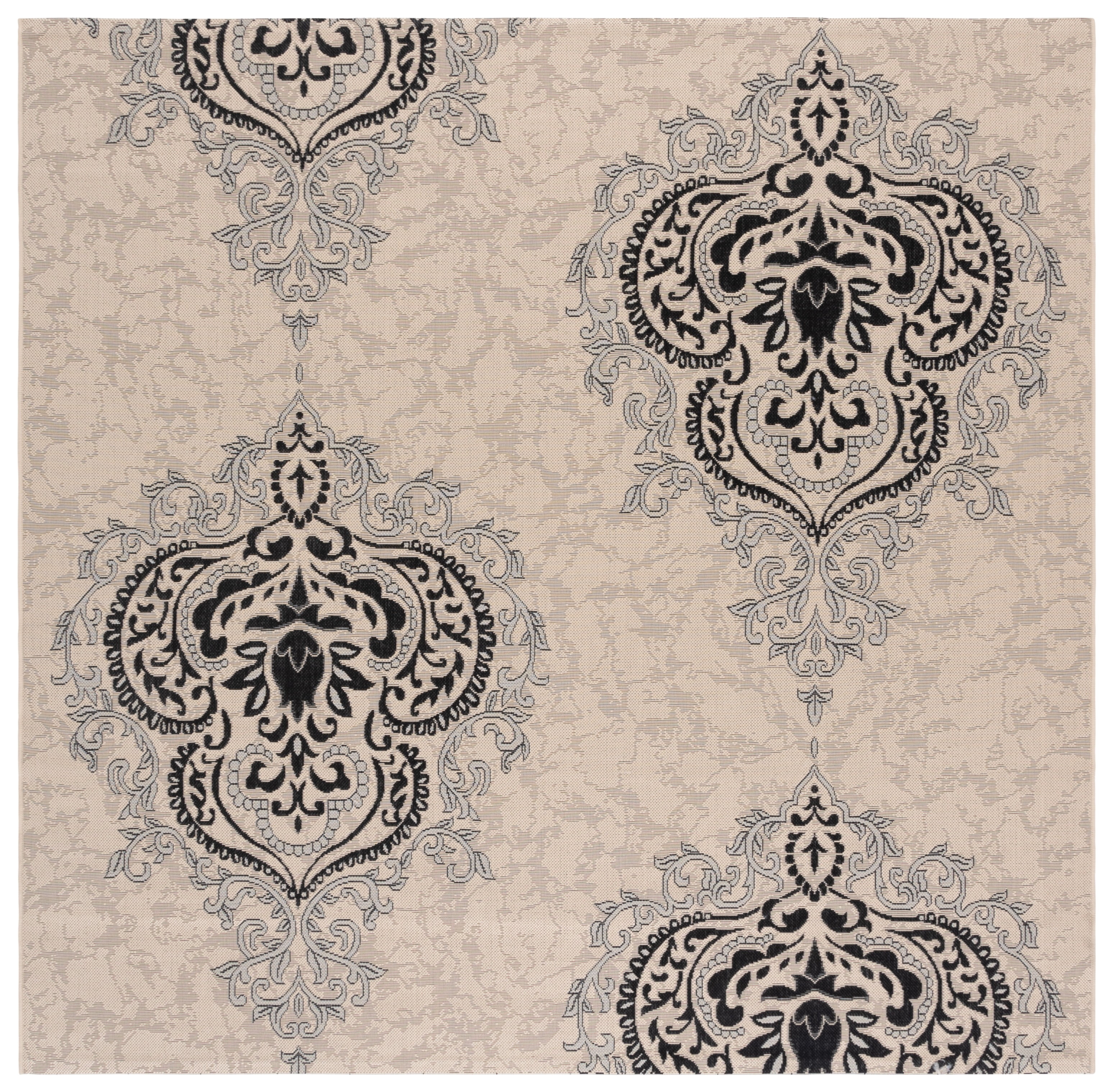 Safavieh Courtyard Penelope Damask Indoor/Outdoor Area Rug, Creme/Black, 7'10" x 7'10" Square