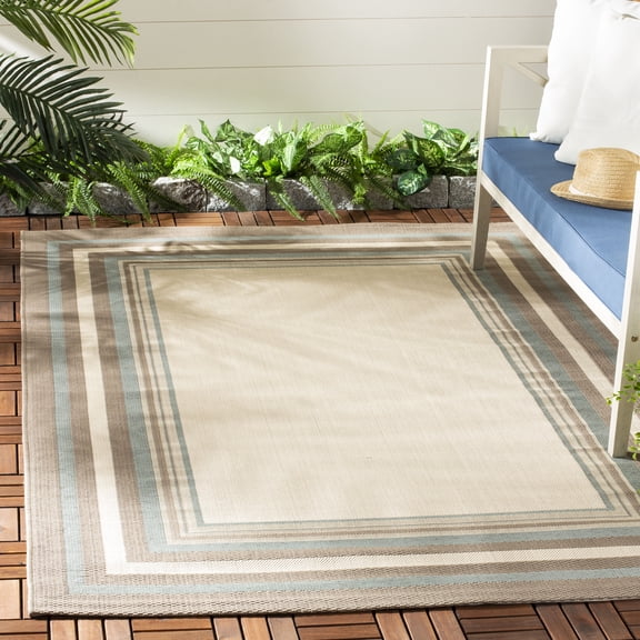 Safavieh Courtyard Phoebe Bordered Indoor/Outdoor Area Rug, Beige/Blue, 6'7" x 9'6"