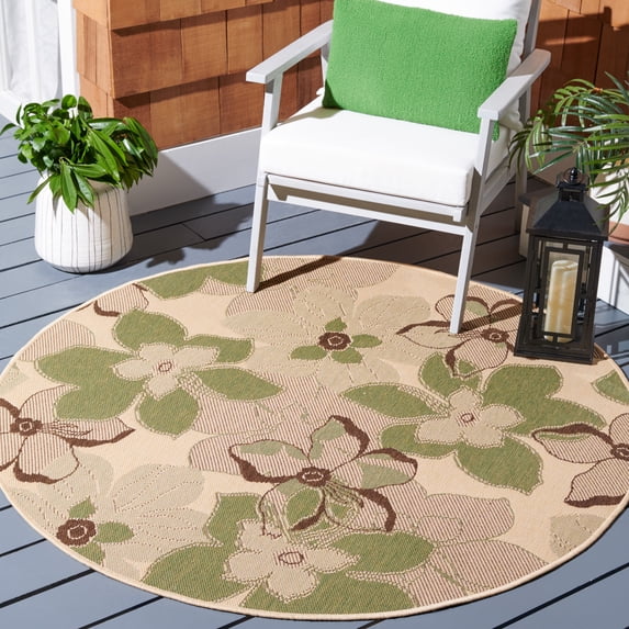 SAFAVIEH Courtyard Qendro Floral Indoor/Outdoor Area Rug, Natural Brown/Olive, 5'3" x 5'3" Round