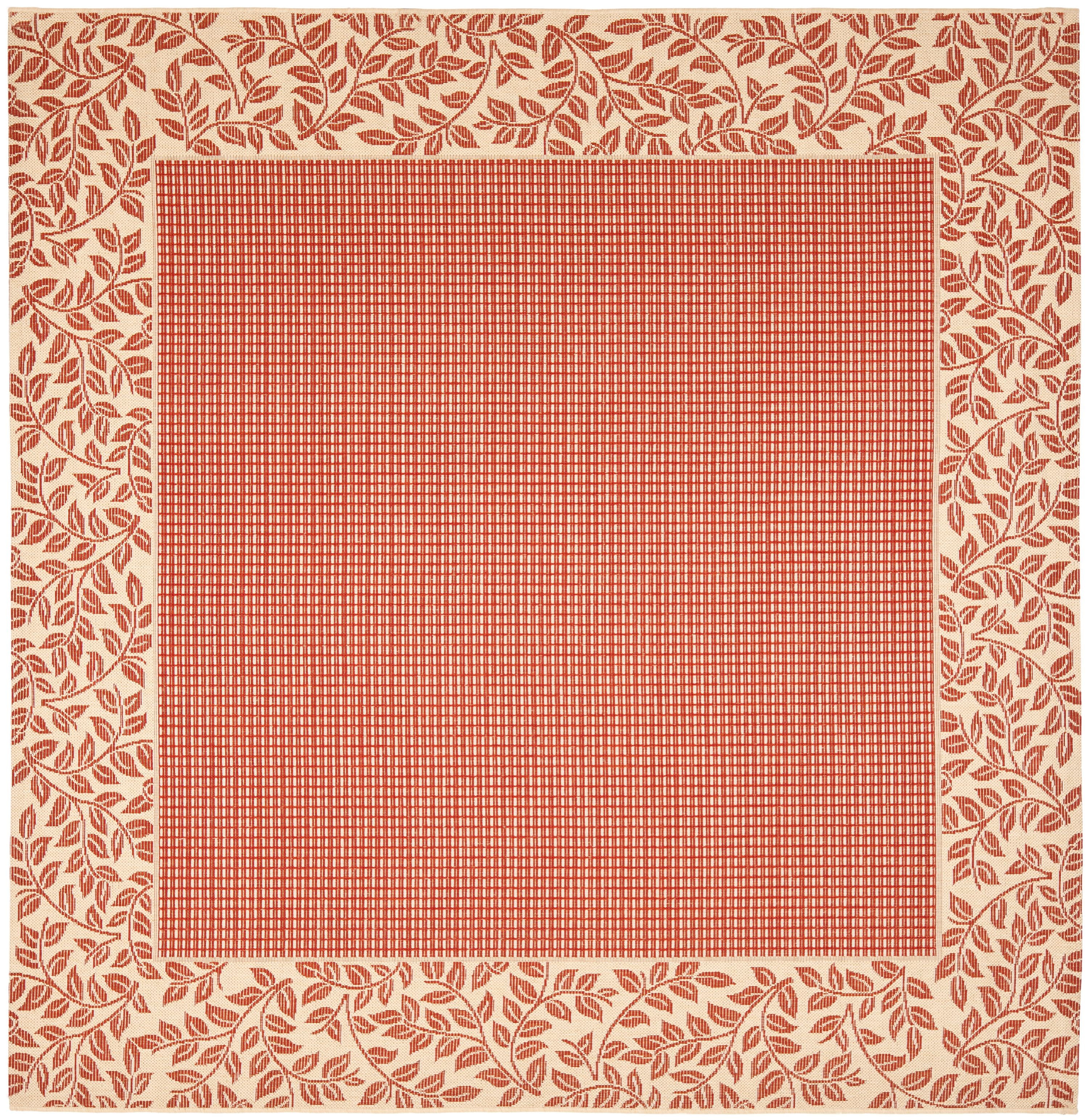 Red and Natural Square Floral Border Outdoor Rug