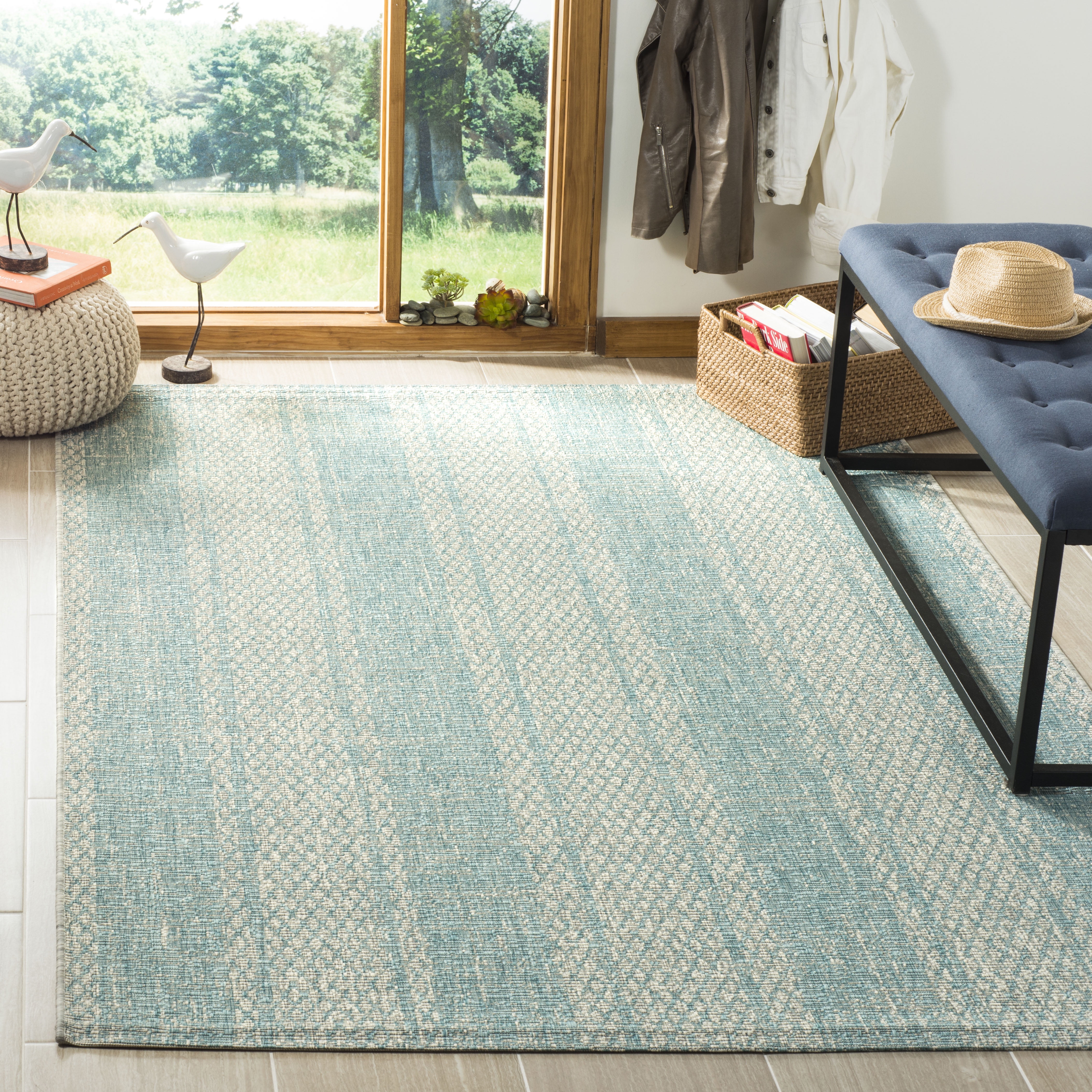 Light Grey and Aqua Synthetic Indoor/Outdoor Area Rug