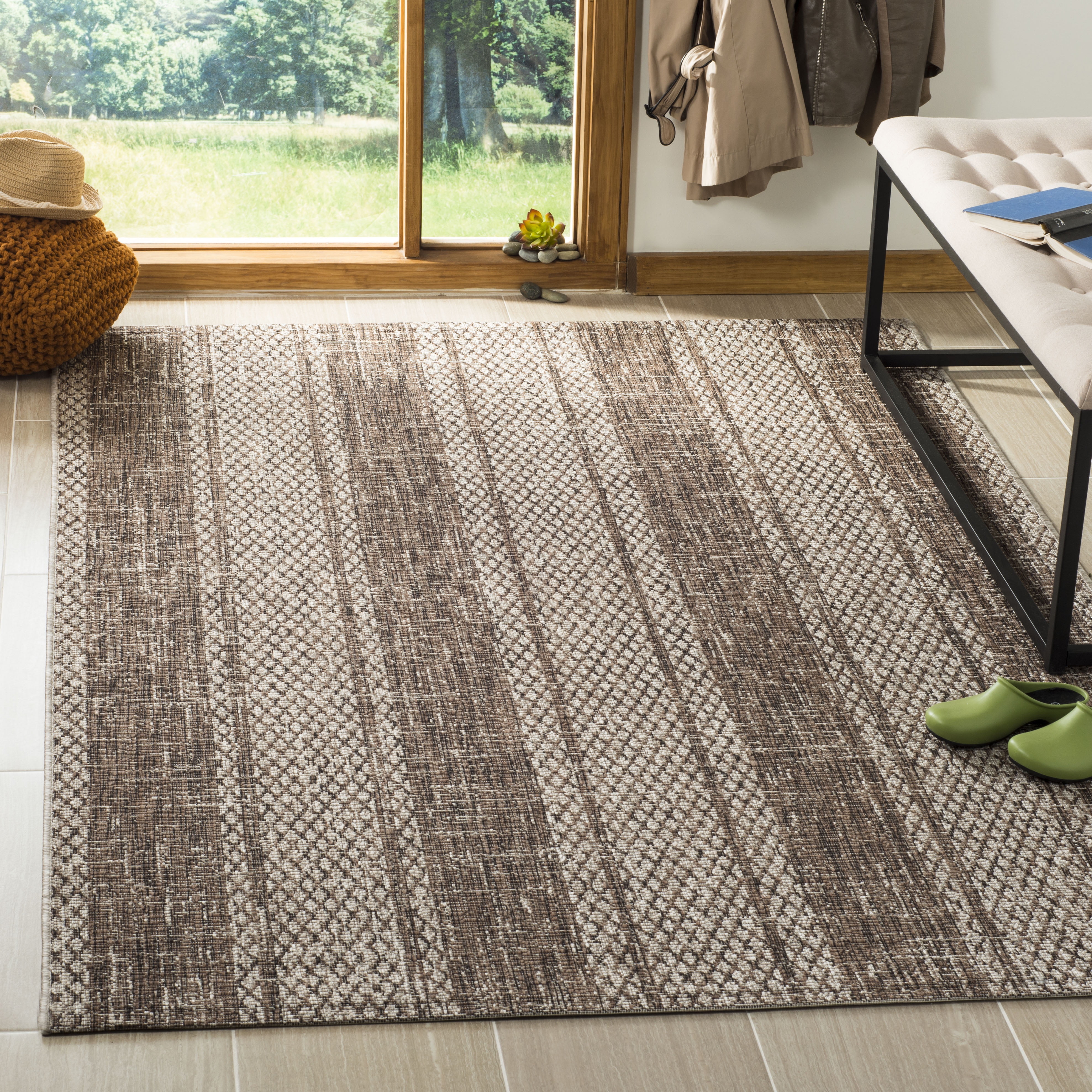 Beige and Brown Flat Woven Synthetic Indoor/Outdoor Rug