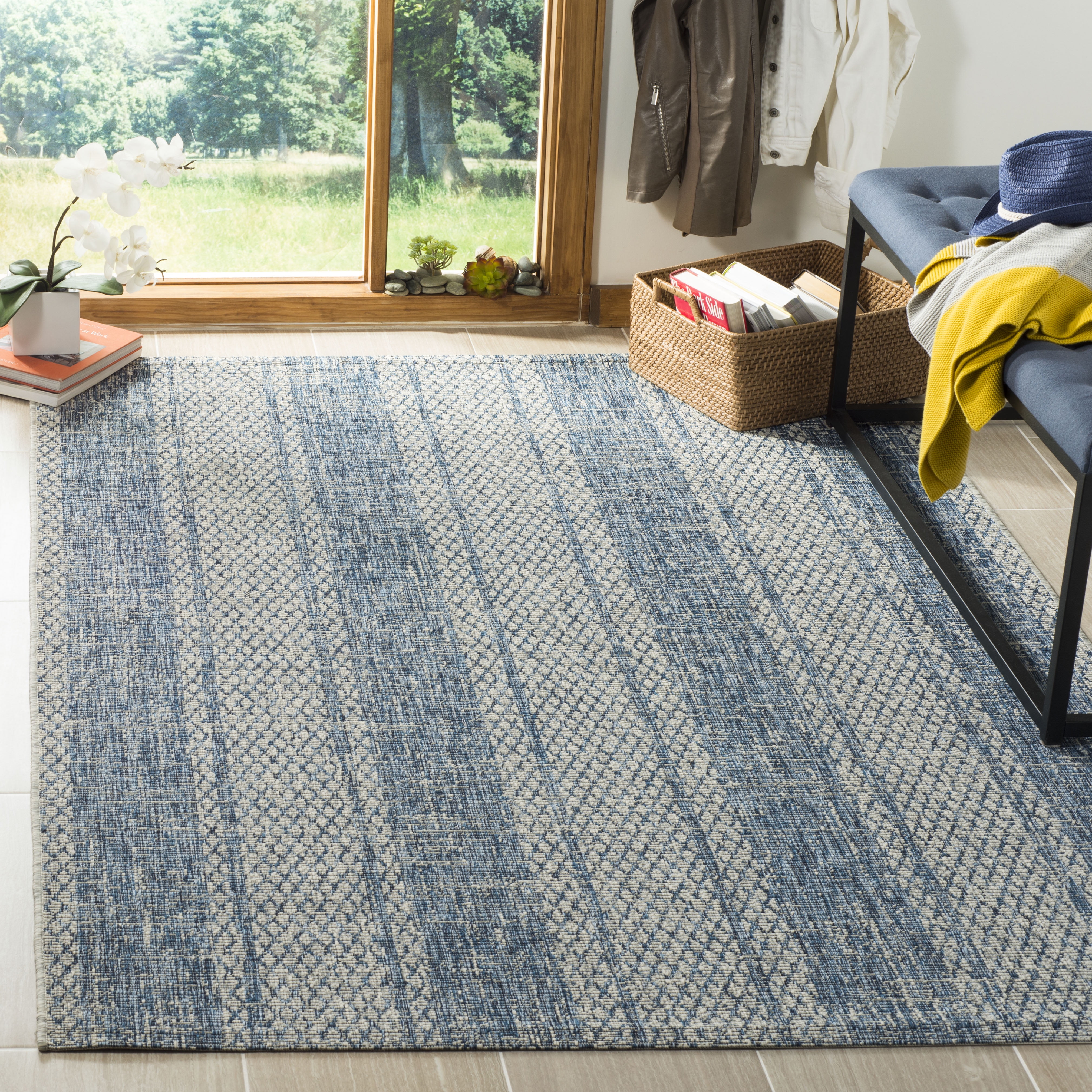Light Grey and Blue Rectangular Synthetic Outdoor Rug